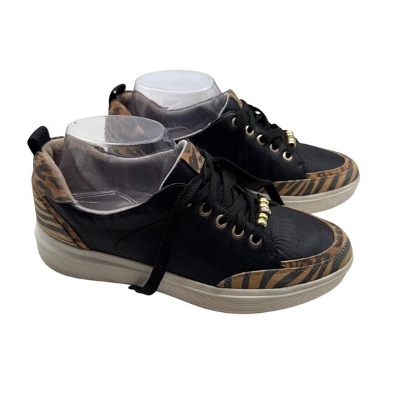 Naturalizer 8.5 Leopard Zebra Print Black Leather Sneaker Black Beige Shoes - Picture 3 of 15